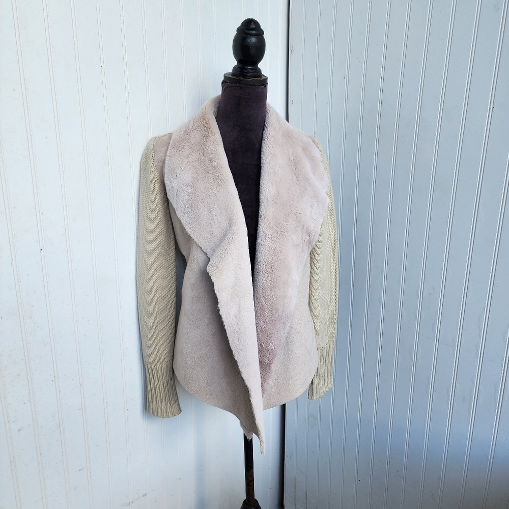 Cache Beige Open Front Faux Suede Drape Wool Blend Jacket Knit Cardigan XS